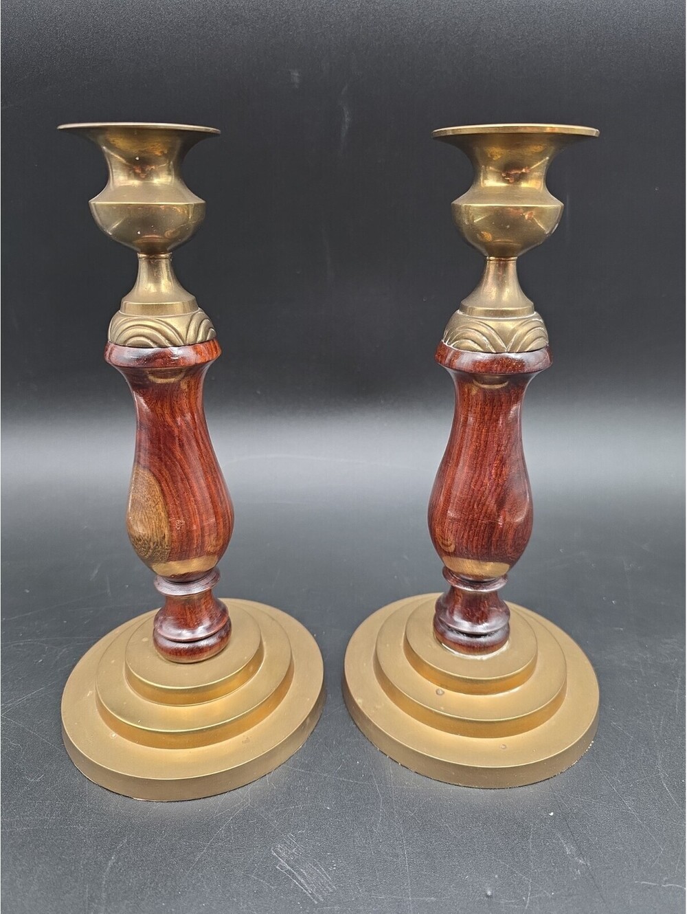 Vintage MCM 10" Brass & Wood Turned Candlestick Holders